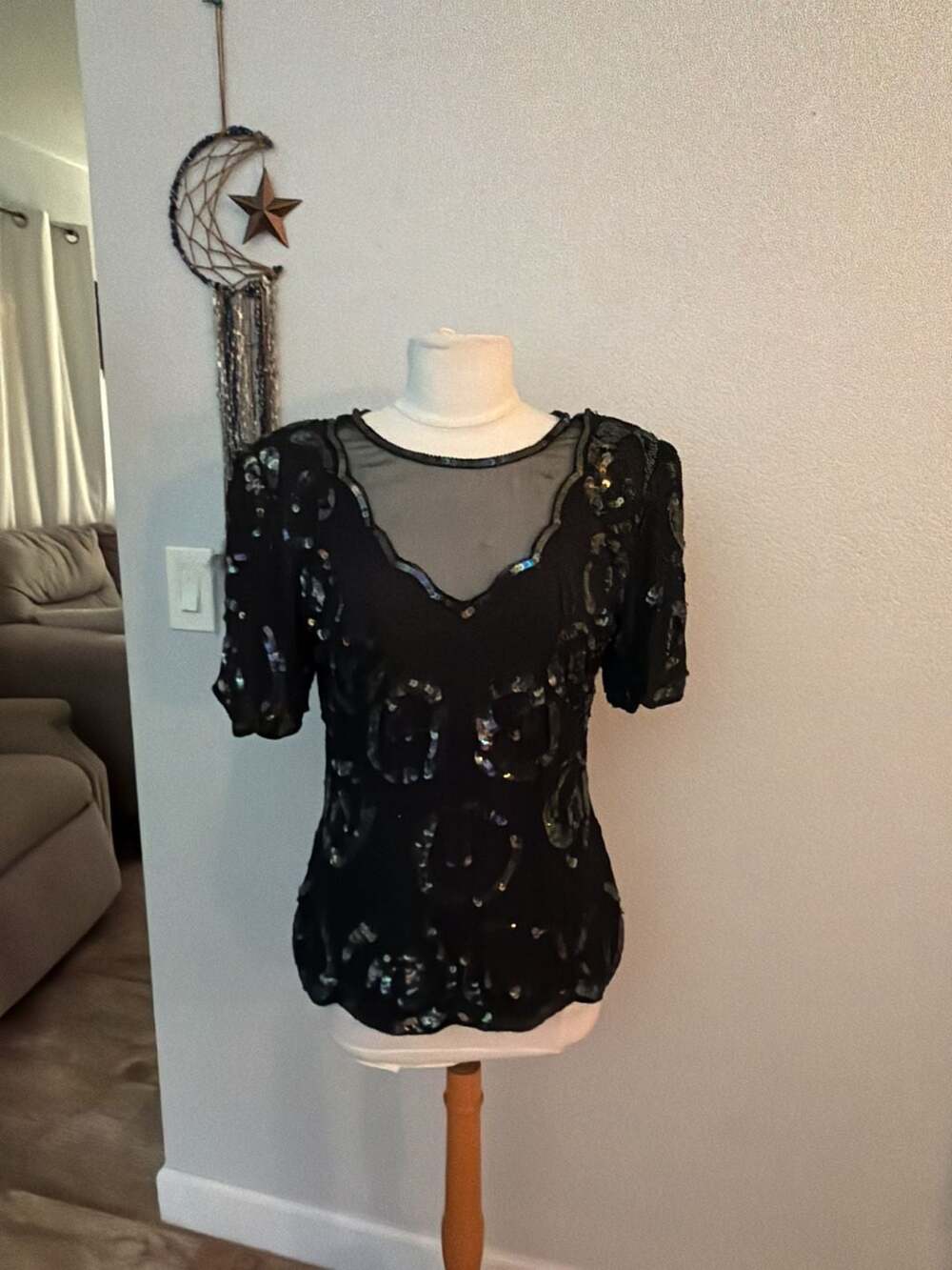 Laurence Kazar Beaded Sequin Top Size S Black Silk